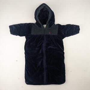 Ralph Lauren Navy Blue Velvet Baby Bunting Green Blue Plaid Trim 0-3 Months